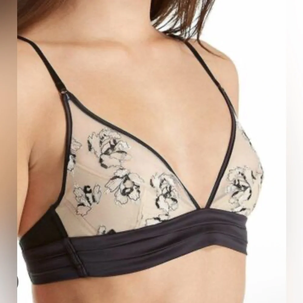 Calvin Klein CK Black Tempt Unlined Plunge Bra Black Floral Embroidered Shear - Picture 2 of 6